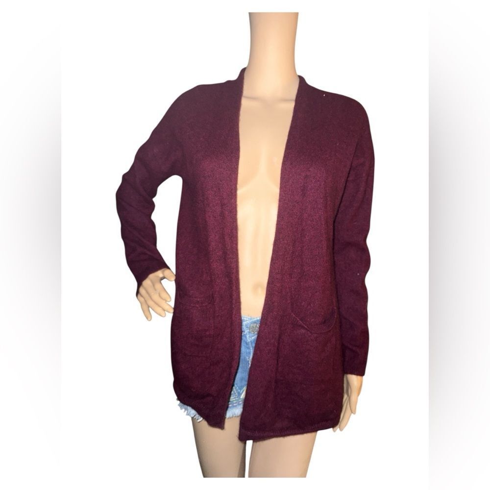 Magaschoni Burgundy Open-Front 100% Cashmere Cardigan Sweater Pockets Super Soft